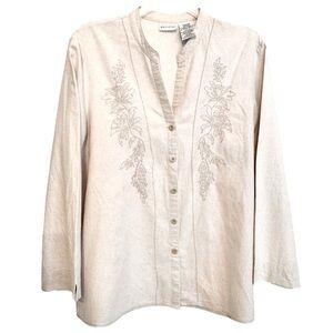 White Stag Size L (12-14) Linen Blend Embroidered Button Down Natural Color Top